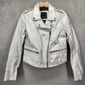 Mauritius Holographic Moto Jacket‎ Silver Lamb Leather Motorcycle Biker Medium